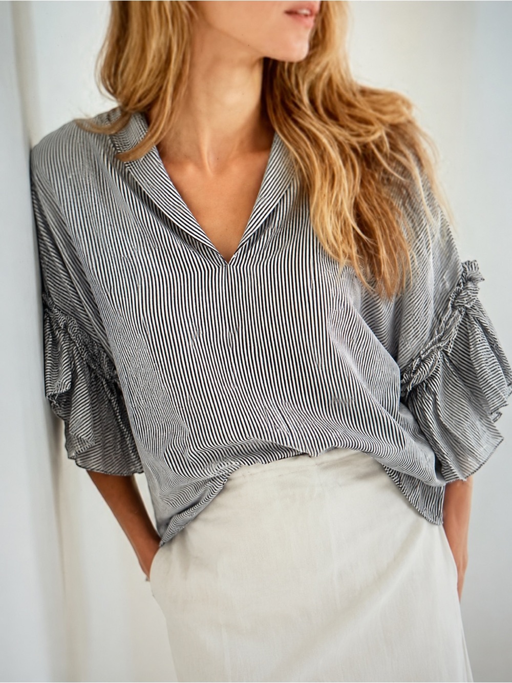 MIRTH Handmade India Black Stripe Ruffle Sleeve 100% Cotton Blouse Sz S Resort